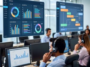 Sales agent using call center CRM with real-time customer insights, lead scoring and automated workflows