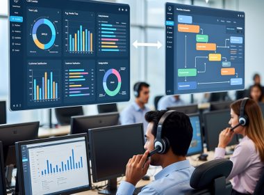 Sales agent using call center CRM with real-time customer insights, lead scoring and automated workflows