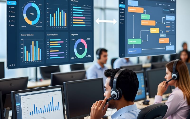 Sales agent using call center CRM with real-time customer insights, lead scoring and automated workflows